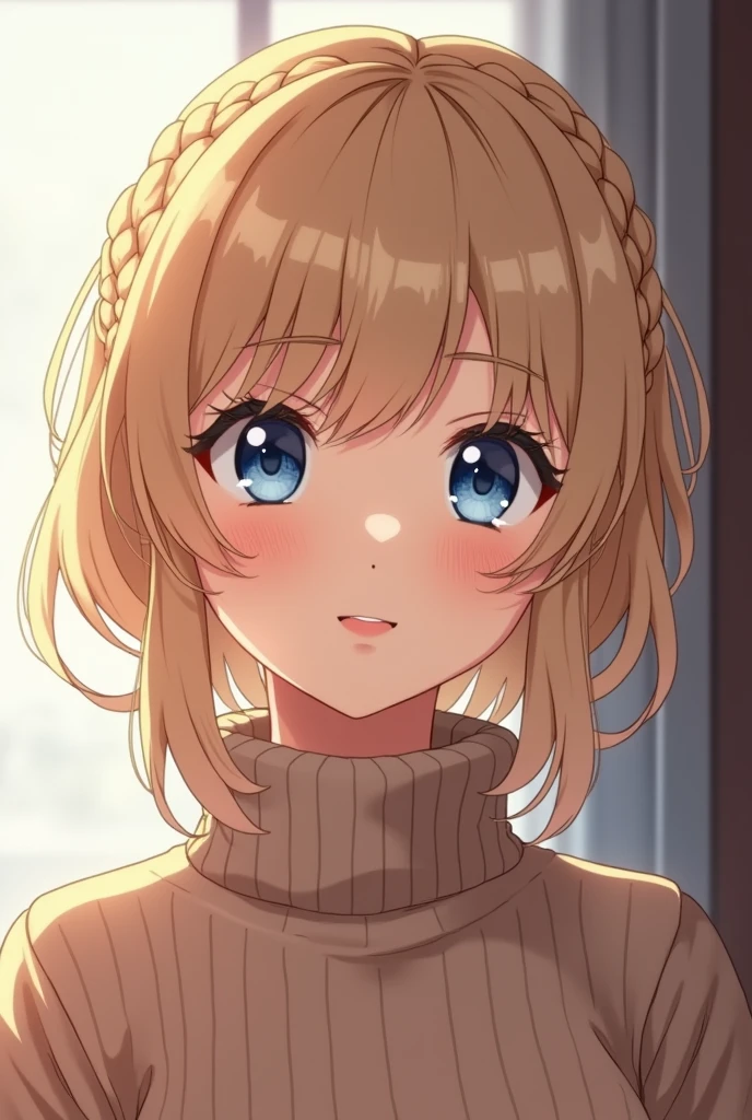 (photorealism:1.2), Anime woman, blonde, turtleneck sweater, short hair, braided mullet, smile, blue eyes, adult woman