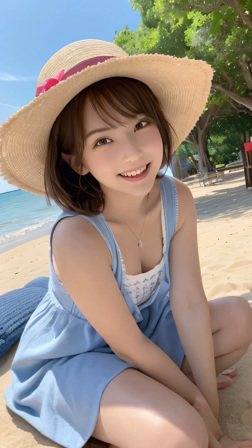 Best image quality (8k, High resolution, masterpiece: 1.2), Very detailed, Random Hairstyles, 26-year-old woman, 

Extraordinary beautiful girl、Cute and beautiful face details、(Dealing with the Children_v1:0.008)、


score_9, score_8_upper, score_7_upper, 

situation: calm summer day、A scene of a large picnic sheet spread out on a white sandy beach。Friends sharing food with smiles、They are talking happily.。
system: Girl sitting on the seat、Relaxed posture with knees hugged。My friend next to me is offering me some fruit.。
Camera angle: A wide-angle shot from a low position、Capturing the facial expression of a person and the sea in the background。A picnic sheet and food are reflected in the foreground.、You can see the blue ocean spreading out in the distance。
clothing: in a white sleeveless summer dress、Wearing a light pink cardigan、She has a straw hat in her hair。


,Active stop temporarily ,
On her side、The thunder danced。
Focus on the upper waist


, Random cute poses ,Big eyes ,Puffy eyes ,  Heart pupil, blush  , Big shy smile , salute



