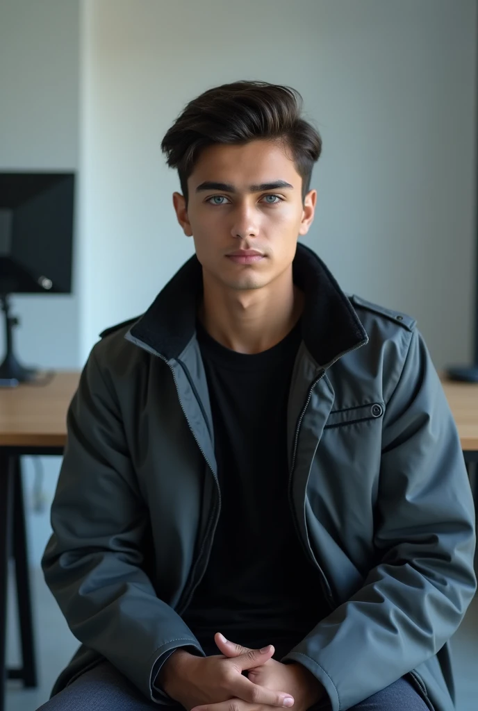 A 13 year old beautiful Pakistani man have blue eyes and dressed in modern black and grey dress sitting in minimalistic  designed YouTube studio in front of man have table and laptop toward one side of table 