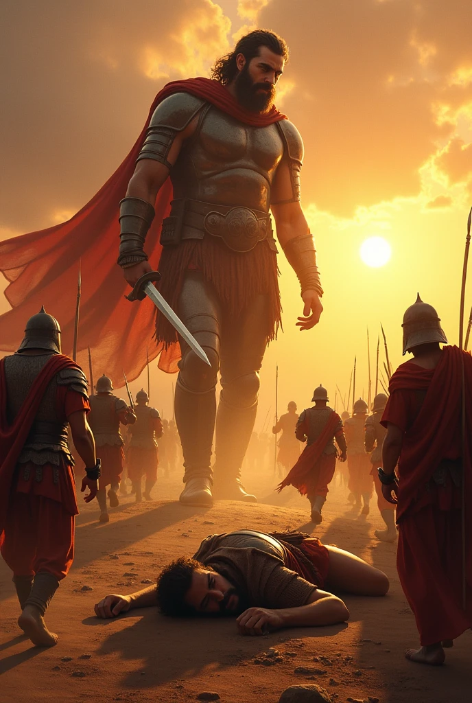 the giant goliath fallen to the ground unconscious, David standing , with a sword held in his hand, and the army fleeing in fear. ao por do sol.
