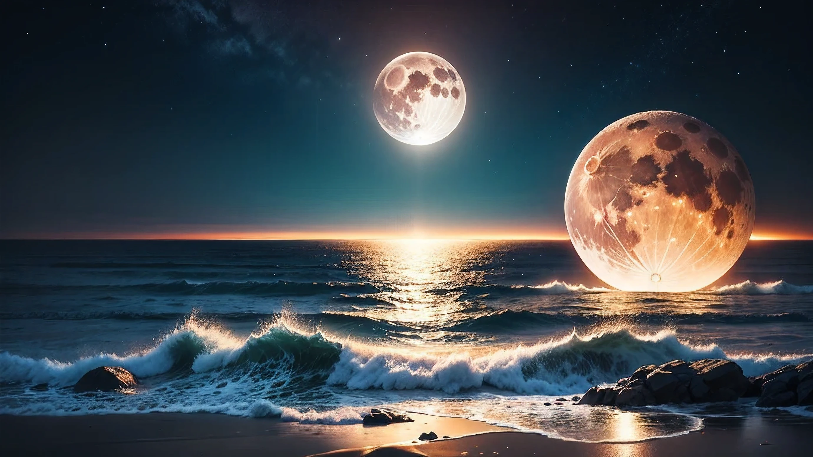 super moon,Highest quality,Realistic,Bright Sea,Nothing around,mysterious,Animated Illustration,Spectacular