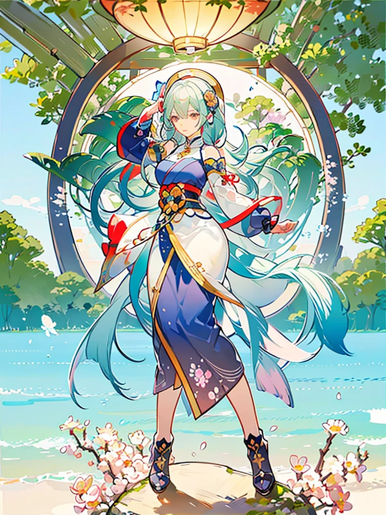Magnificent View、Floating Island、Hanging Garden、Outdoor、High definition、Holy Maiden、Shrine maiden、With many flowers blooming、Silver Hair(The top of the head is indigo blue、The ends of the hair are red.)、whole body、Jade Eyes、Dance dedicated to the gods、Votive dance