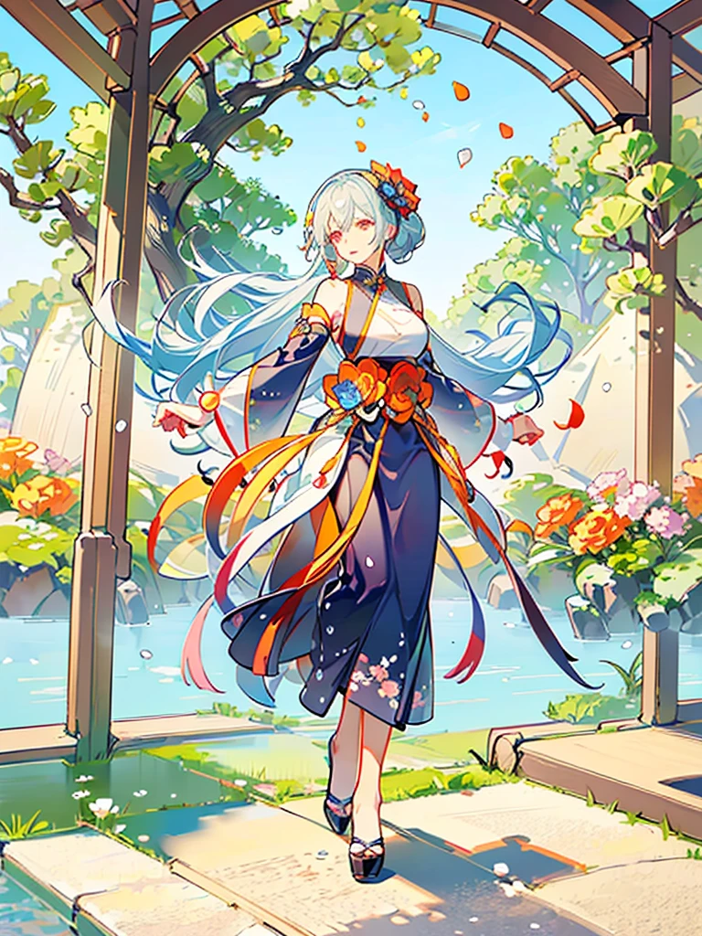 Magnificent View、Floating Island、Hanging Garden、Outdoor、High definition、Holy Maiden、Shrine maiden、With many flowers blooming、Silver Hair(The top of the head is indigo blue、The ends of the hair are red.)、whole body、Jade Eyes、Dance dedicated to the gods、Votive dance