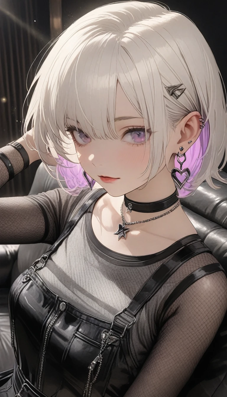 , ((She has silver earrings in her ears... Black choker、Sexy punk fashion with a black base、Too much exposure))、(white hair color、Light purple inner color hairstyle、Hair expressed with a delicate touch), Beautiful Hair, Facial Contour, Remember, Luxury Lounge、Sitting on the couch, splash, Lens flare、moonlight、illumination、Natural Color, High resolution, Very delicate, Very detailed, 8k,Shyness,((Sexual)),((Sexy feeling)),lower angle、Overall angle of view, rtrophto1, (Perfect hands, Perfect Anatomy),15D black stockings,Body net