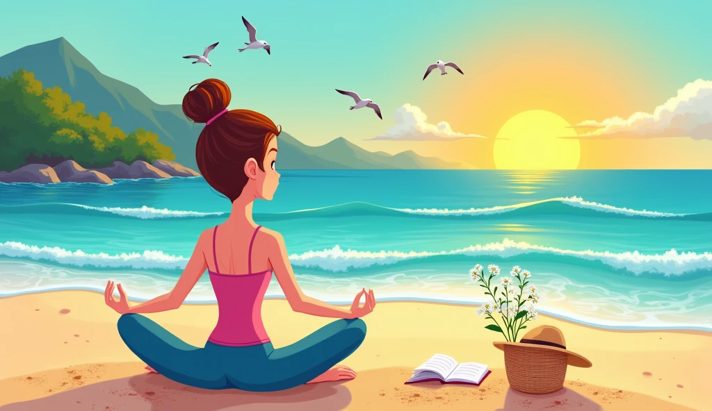 A serene sunrise beach scene in a vibrant, cartoon style. A woman with fair skin and her hair neatly tied in a high bun, dressed in a pink spaghetti strap top and knee-length blue leggings, is sitting on the sand in a meditative yoga pose, facing the vast ocean. About 1/3 of her face is visible, with exaggerated, expressive features. The early morning sun, depicted as a big, cheerful orange ball in the distance, casts a warm, golden glow on the calm waves. Behind her, a young boy in animated style plays with sand, surrounded by playful, exaggerated details. Next to her, there is a small woven basket with a bouquet of white baby's breath flowers, a notebook, and a straw hat, all drawn with vibrant, bold colors. In the background, green mountains line the horizon, with a few cartoonish seagulls flying gracefully in the bright, blue sky above the sea. The image is in a wide 16:9 aspect ratio, capturing the full expanse of the beach and the sunlight reflecting off the water in a whimsical, colorful manner