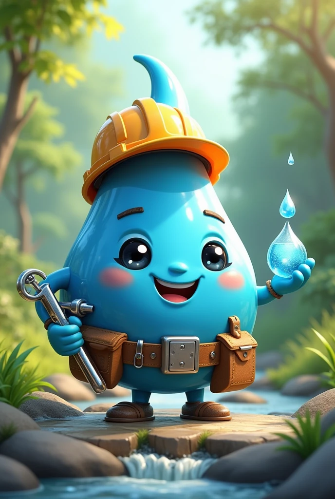 A cute water droplet is the main character and it holds a drop of treated water in one hand and other hand has a spanner.
Also it have a belt which holds several tools and a safety helmet.
The concept should indicate that the main character is a cute engineer.
The background must be of a nature