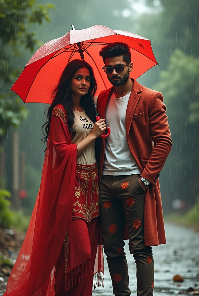 Create an image of the most beautiful Indian girl and the most handsome Indian boy standing together. The girl's eyes should be similar to Shraddha Kapoor's—captivating and expressive. Her skin should be as radiant as Mahendra Singh Dhoni's—clear and glowing. She should be wearing a light-colored t-shirt with 'Das AAD' written on it, and a stylish red coat that adds a slightly attractive effect. She should also be wearing a beautiful odhni, complementing her outfit. She is standing in the rain, holding an umbrella to protect herself. Her bosom should appear slightly attractive, and the image should capture her full beauty and style from head to toe. She should be depicted as a devoted disciple of Sant Rampal Ji Maharaj, embodying honesty and Indian grace.The boy, standing beside her, should be depicted as the most handsome Indian boy in the world. His skin should be as radiant as Mahendra Singh Dhoni's. His eyes should be deep and expressive like Sushant Singh Rajput's. His hair should be thick and stylish like KGF's Rocky (Yash). He should be wearing a white shirt with a red coat, block floral pants, and brown shoes. He should have a gun holder strapped to his waist and wear red sunglasses. The image should capture his full style and attractive personality from head to toe. Both should be depicted standing together in the rain, showing their bond and stylish presence."