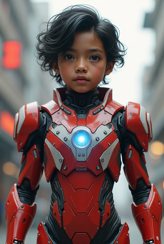 Boy malay Indonesia wear red white exoskeleton. Robot face on body. Led nipple blue. Black hair little white hair detail. . 19 year old boy. Wavy hair. Tan skin. High tech suit. Mirage armor . Taking anger robot face red. Emoji robot. Punisher iron man. Mechanize robot face at chest. Talking robot on body. Robot look front.. robocop concept. Gi goe. Red white. Ultraman suit.