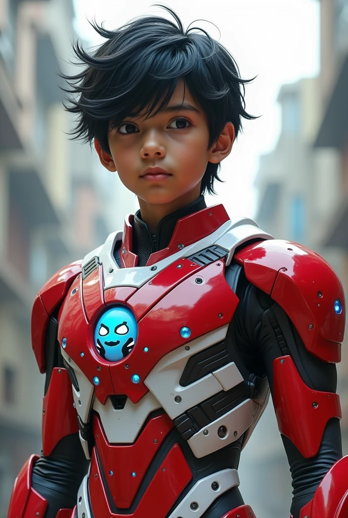 Boy malay Indonesia wear red white exoskeleton. Robot face on body. Led nipple blue. Black hair little white hair detail. . 19 year old boy. Wavy hair. Tan skin. High tech suit. Mirage armor . Taking anger robot face red. Emoji robot. Punisher iron man. Mechanize robot face at chest. Talking robot on body. Robot look front.. robocop concept. Gi goe. Red white. Ultraman suit.