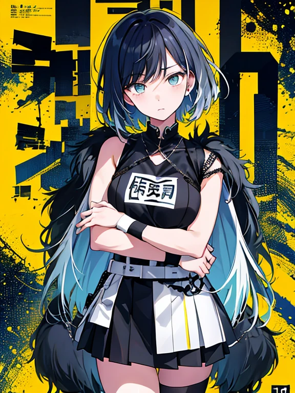 (((dramatic)))、(((Grainy)))、(((intense))))He appears as a central character in the movie poster.。The girl in the center of the poster is shy.、アイドルCostumeを着て、He has a determined look on his face.。backgroundは暗くて粗い、I feel drunk。テキストはBoldで目を引く、Catchy slogans add to the overall drama and excitement。The color palette is dominated by dark colors..、Light colored dots々、Create dynamic and visually impactful posters、Tachi- e(magazine:1.3)、(coverスタイル:1.3)、Fashionable、Vibrant、Costume、Pause、front、colorful、dynamic、background、element、Confident、Expressive、fail、statement、Attachments、Majestic、Coiled、Surroundings、touch、scene、article、cover、Bold、to attract attention、title、Low Fashion、font、Catchy、title、big、to attract attention、Modern、 trend、concentrate、stylish、One Girl（Ahoge、Gray Hair、short hair）、black eye、（White shirt）、（Black Skirt）、（Black Skirt）、standing、白色のbackground、arms on the back