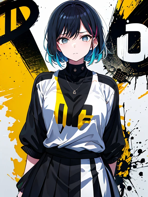 (((dramatic)))、(((Grainy)))、(((intense))))He appears as a central character in the movie poster.。The girl in the center of the poster is shy.、アイドルCostumeを着て、He has a determined look on his face.。backgroundは暗くて粗い、I feel drunk。テキストはBoldで目を引く、Catchy slogans add to the overall drama and excitement。The color palette is dominated by dark colors..、Light colored dots々、Create dynamic and visually impactful posters、Tachi- e(magazine:1.3)、(coverスタイル:1.3)、Fashionable、Vibrant、Costume、Pause、front、colorful、dynamic、background、element、Confident、Expressive、fail、statement、Attachments、Majestic、Coiled、Surroundings、touch、scene、article、cover、Bold、to attract attention、title、Low Fashion、font、Catchy、title、big、to attract attention、Modern、 trend、concentrate、stylish、One Girl（Ahoge、Gray Hair、short hair）、black eye、（White shirt）、（Black Skirt）、（Black Skirt）、standing、白色のbackground、arms on the back