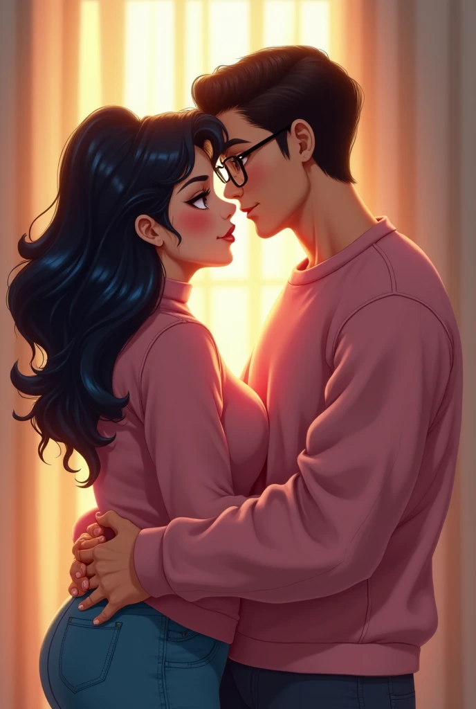 Couple of boyfriends she curvy body big cheeks, big butt, black hair with blue, big brown eyes with fair skin, dressed in black, He has straight hair combed up and small rectangular glasses and a wide nose and a pink sweatshirt