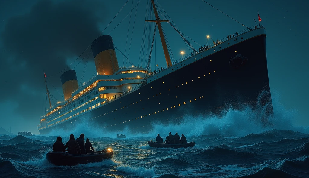 A massive, luxurious ocean liner sinking in the dark, icy waters of the North Atlantic after striking an iceberg. Lifeboats are being lowered, with desperate passengers on deck, while the ship's stern rises ominously.