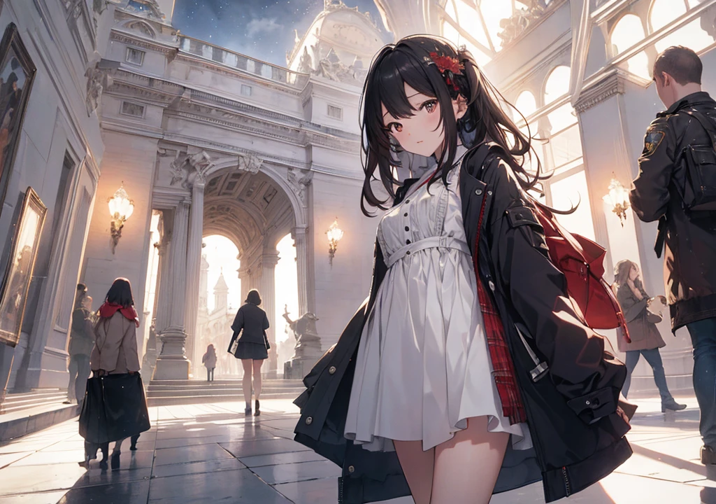 Realistic photos, Focus distance 10mm, Red and white, Beautiful girl, Realistic photos, Shooting at focus distance 10mm, masterpiece, 最high quality, high quality, Very detailed CG 8k wallpaper unit, Award-winning photography, Depth of written boundary, High resolution, bloom, chromatic aberration, Realistic, Very detailed, Art Station Trends, CGsociety Trends, Complex, High detail, dramatic, Art on the go, volumetric lighting, In front of the glass pyramid of the Louvre, a beautiful girl is wearing a simple yet stylish dress with the historic museum in the background. The glass of the pyramid reflects it in a Disney-style way, creating a beautiful scene in the night sky