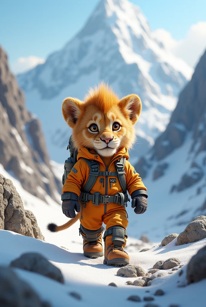 Little lion in mountaineering clothes