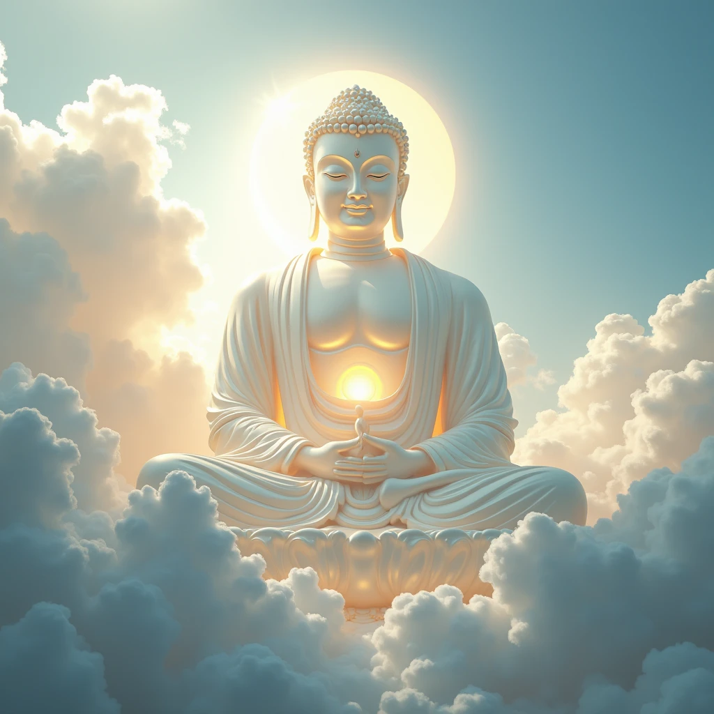 ((masutepiece))，(Best Quality))，china style，In the sky, The clouds form a huge transparent and shining white jade Maitreya Buddha image，Thick clouds，sun shining，，Hyper-realistic，Ultra photo realsisim，Pink，8K，High Definition，high quarity，Works of masters，super-fine，(((OC Renderer)))