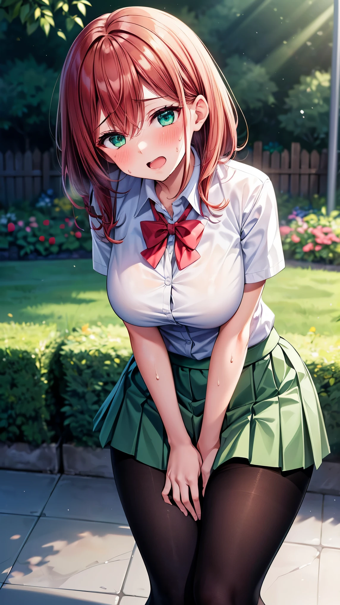 best quality,1girl,((big breasts:1.1)),orgasm,blush,sweat,steam,nm1, ((school uniform, white shirt, green skirt, mini skirt,pantyhose:1.3)),garden,crotchAngle,head out of frame,lower body,have to pee,covering crotch,(((hand between legs))),knees together feet apart,stand / standing
