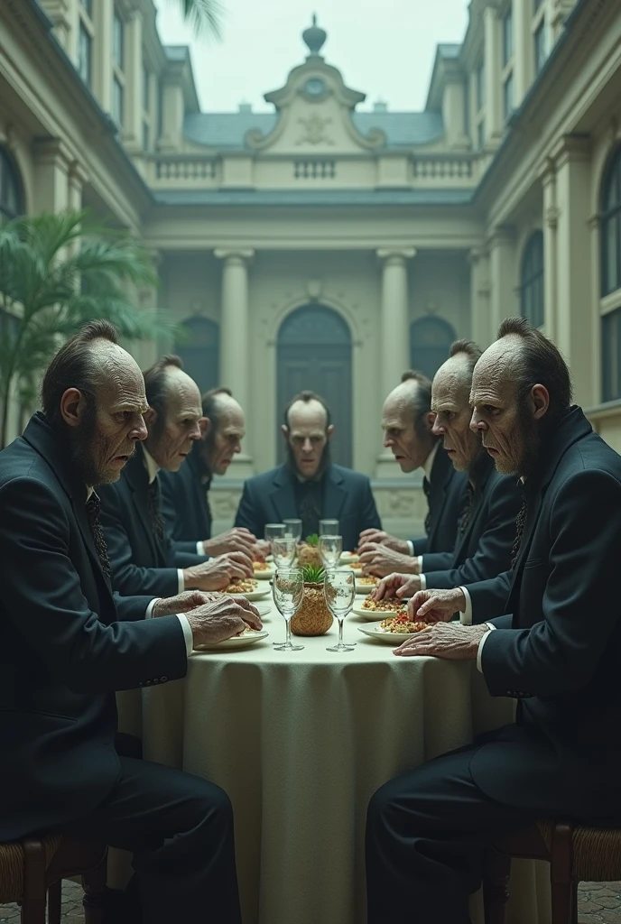 Best image quality, masterpiece, multiple men with strange appearance, mustache, long hair, very long neck, wearing old-fashioned suits, classic building outdoor garden party background, sitting around eating food, rough skin, deep wrinkles, detailed skin expression, gray skin (bleached skin), thin man, detailed image texture, grotesque, horror, eerie atmosphere (not AI image), cloudy weather, foggy