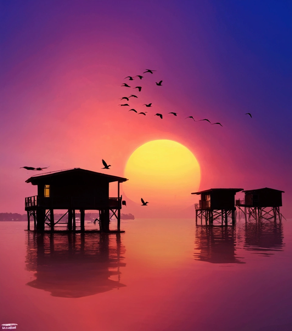 Sunset over the water with a flock of birds flying over the water, Sunset time, at sunrise, beautiful Sunset, the most beautiful Sunset, colorful Sunset, Very beautiful photos, Beautiful and spectacular sunset, nice Sunset, High-legged shop, colorful Sunset!!, morning sunrise, Week setting, sunrise, ((Sunset)), stunning Sunset, beautiful sunrise, Sunset photo