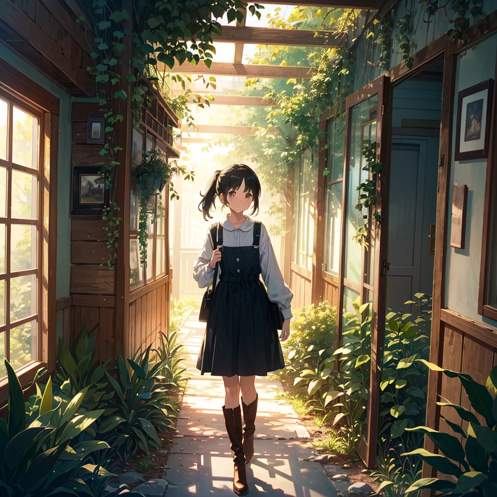 A young woman with short, dark hair tied in a low ponytail is walking down a narrow, sunlit hallway filled with plants. She wears a black, long-sleeved dress that ends above her knees and brown, knee-high boots. A small brown leather satchel is slung over her shoulder. The hallway has an overgrown, almost whimsical atmosphere, with light filtering in from a large overhead window, creating a soft, golden glow. The walls are decorated with various framed pictures and posters, giving the space a cozy, lived-in feel. The overall mood is serene, with a hint of nostalgia., SU, soft color palette, pastel color palette, muted tone, thin and delicate line, detailed clothes, detailed hair, detailed background, detailed environment