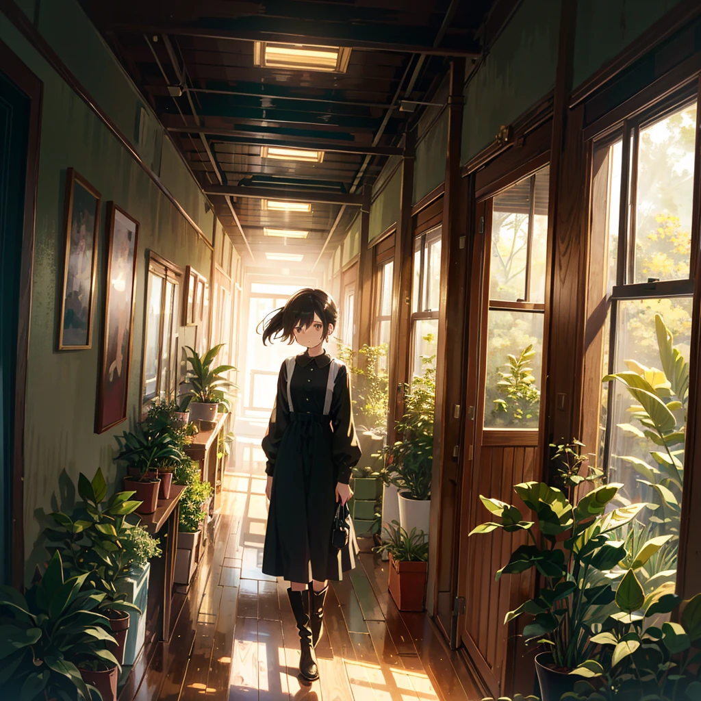 A young woman with short, dark hair tied in a low ponytail is walking down a narrow, sunlit hallway filled with plants. She wears a black, long-sleeved dress that ends above her knees and brown, knee-high boots. A small brown leather satchel is slung over her shoulder. The hallway has an overgrown, almost whimsical atmosphere, with light filtering in from a large overhead window, creating a soft, golden glow. The walls are decorated with various framed pictures and posters, giving the space a cozy, lived-in feel. The overall mood is serene, with a hint of nostalgia., SU, soft color palette, pastel color palette, muted tone, thin and delicate line, detailed clothes, detailed hair, detailed background, detailed environment