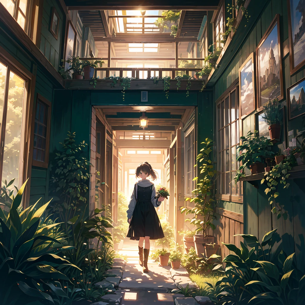 A young woman with short, dark hair tied in a low ponytail is walking down a narrow, sunlit hallway filled with plants. She wears a black, long-sleeved dress that ends above her knees and brown, knee-high boots. A small brown leather satchel is slung over her shoulder. The hallway has an overgrown, almost whimsical atmosphere, with light filtering in from a large overhead window, creating a soft, golden glow. The walls are decorated with various framed pictures and posters, giving the space a cozy, lived-in feel. The overall mood is serene, with a hint of nostalgia., SU, soft color palette, pastel color palette, muted tone, thin and delicate line, detailed clothes, detailed hair, detailed background, detailed environment