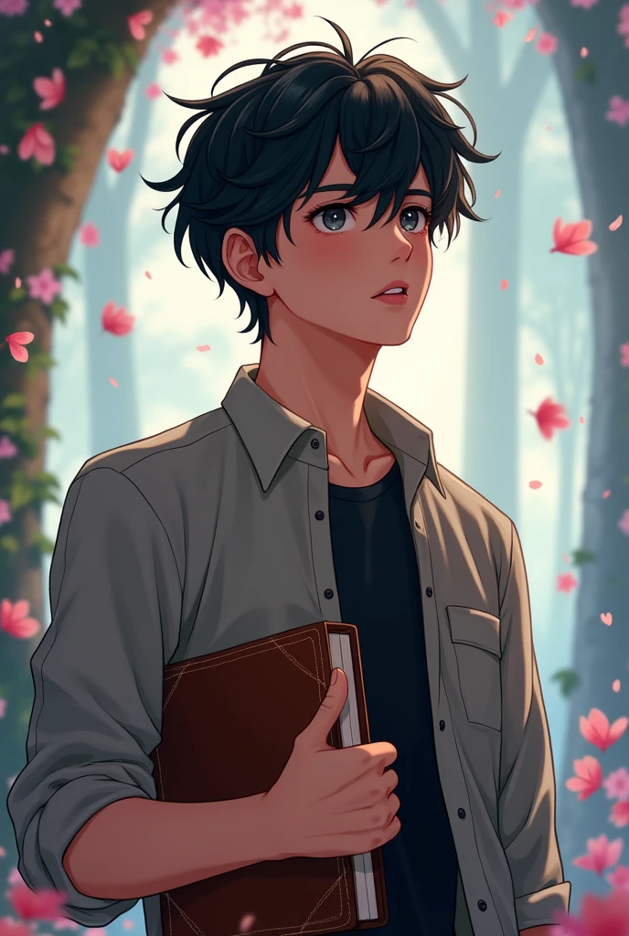 Anime, young man, black hair, black eyes, a planner, fantasy, falling in love