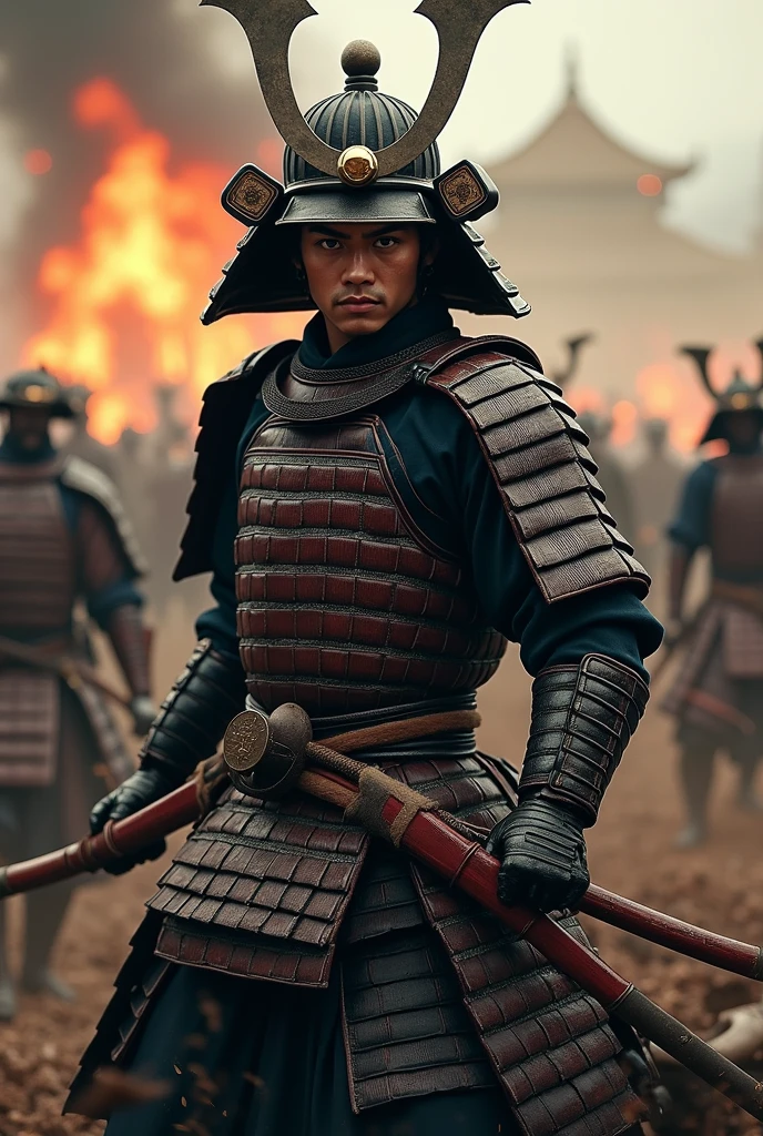 Japanの侍、Warlords of the Warring States Period、Helmet、Violent fight scenes、Full body scene, There are many people fighting、Flames burst into flames everywhere、Presence。reality、Reliability、25Year、Black Hair、Japan、background、city、Oda Nobunaga