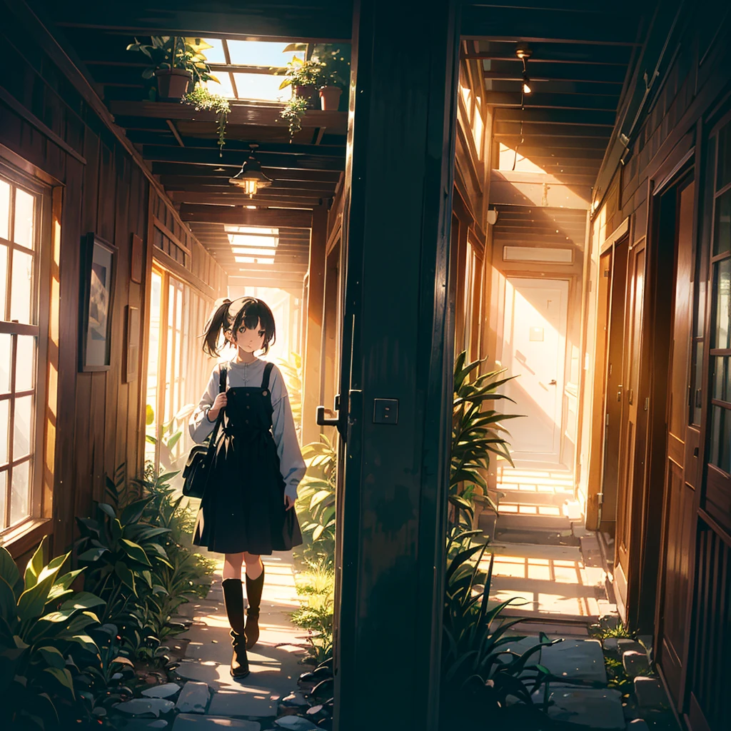 A young woman with short, dark hair tied in a low ponytail is walking down a narrow, sunlit hallway filled with plants. She wears a black, long-sleeved dress that ends above her knees and brown, knee-high boots. A small brown leather satchel is slung over her shoulder. The hallway has an overgrown, almost whimsical atmosphere, with light filtering in from a large overhead window, creating a soft, golden glow. The walls are decorated with various framed pictures and posters, giving the space a cozy, lived-in feel. The overall mood is serene, with a hint of nostalgia., SU, soft color palette, pastel color palette, muted tone, thin and delicate line, detailed clothes, detailed hair, detailed background, detailed environment