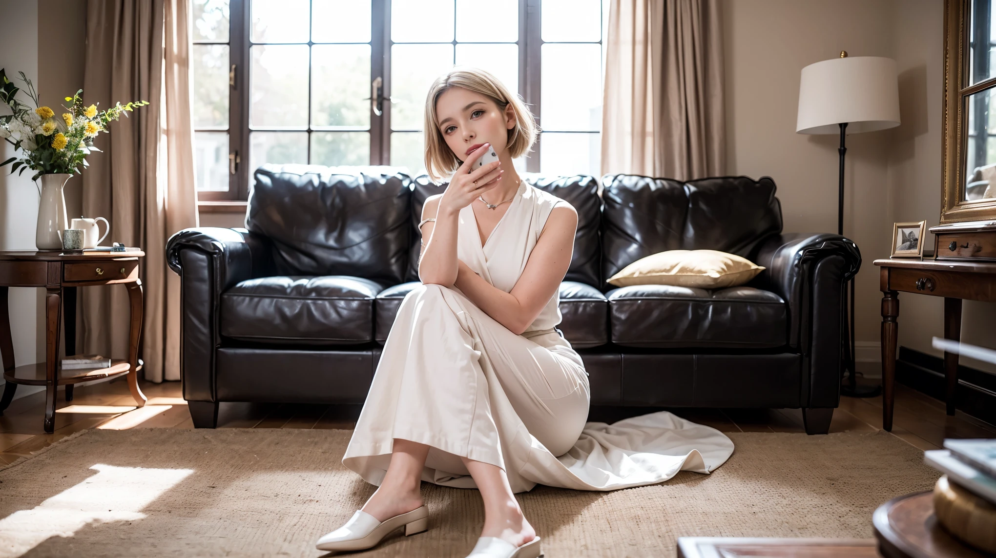 Portrait of a 48-year-old blonde French woman, 1940, Period costume, Genuine Leather, Sit down and take a selfie like you would with a smartphone, (Living room with period furniture, Calm, soft light: 1.2)