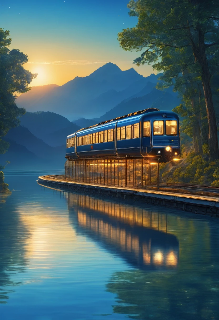 score_9, score_8_upper, score_7_upper,(((Train running on water))),Large Lake,beautiful水面,(((Side Angle))),Angle from afar,Stations on the water,Lake as far as the eye can see,(((blue))),summer,horizontal line,Morning Glow,Starry Sky,(masterpiece, Highest quality, Highest quality, Official Art, beautifull, beautiful:1.2,Ray Tracing),Very detailed,Blue tones,Very detailed, (Fractal Art:1.3), Most detailed, High resolution, Impressive visuals, Detailed Images