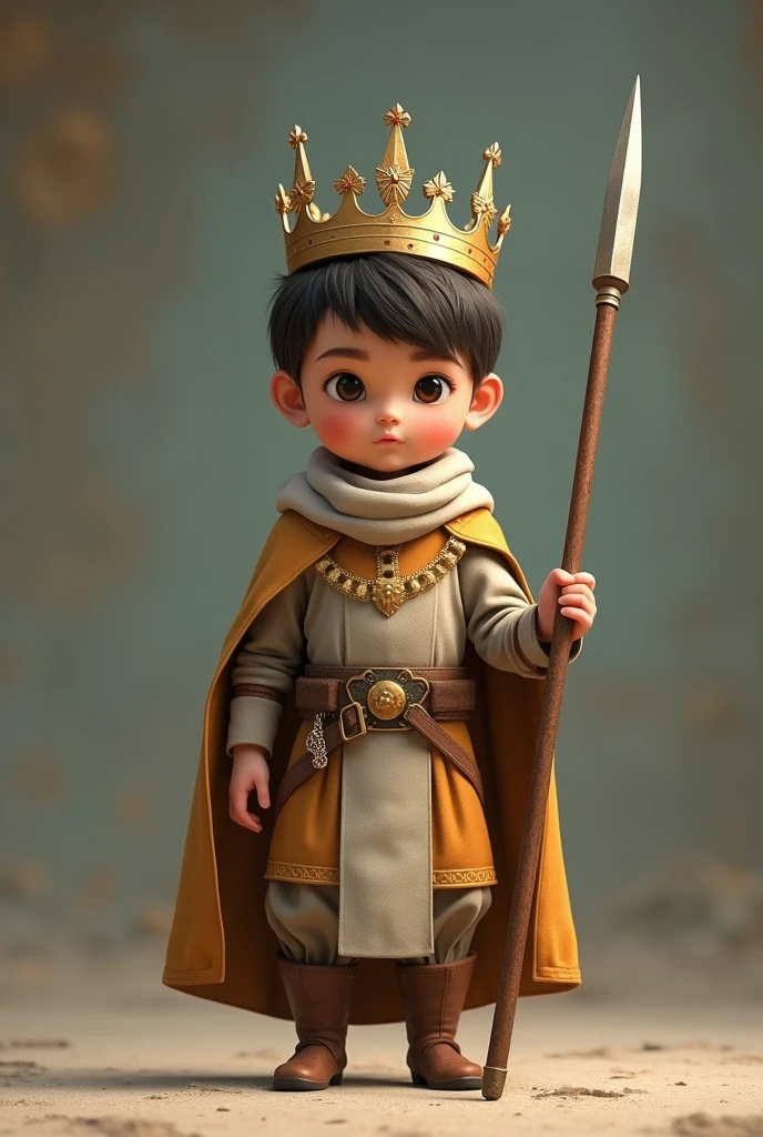 little kid full body using a crown with thin sideburns holding a spear