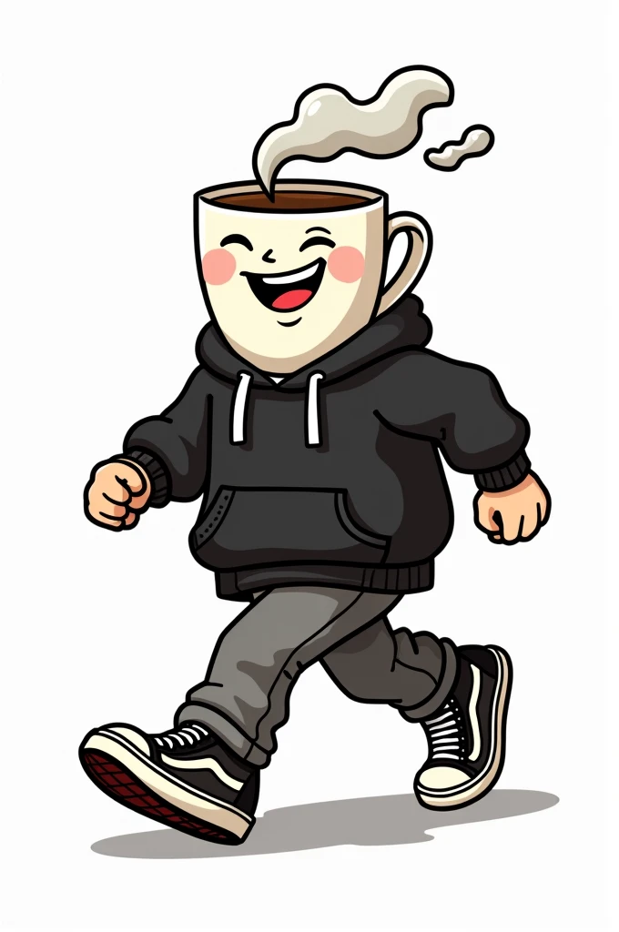 "Create a masterpiece, sticker, adhesive, sticker, impression, illustration of a cup, based on a cartoon from the 30&#39;s, the mug is wearing streetwear clothes, a black hoodie and vans style sneakers, His expression is happiness, His attitude is security and confidence, action: He is walking happily, steam comes out of his head" the background is solid white.