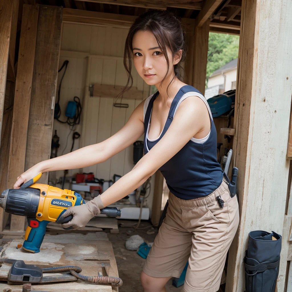 A beautiful woman sweating on the job site, holding a power tool, Ghibli style