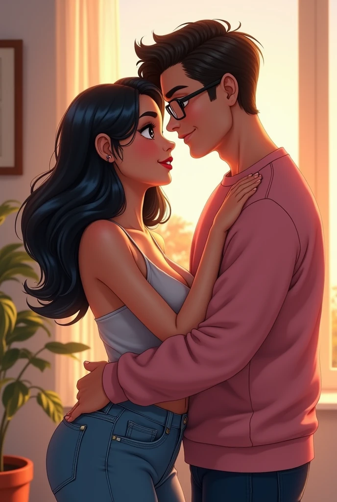 Couple of boyfriends she curvy body big cheeks, big butt, black hair with blue, big brown eyes with fair skin, dressed in black, He has straight hair combed up and small rectangular glasses and a wide nose and a pink sweatshirt