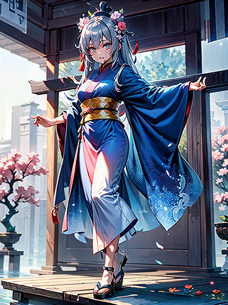 Magnificent View、Floating Island、Hanging Garden、Outdoor、High definition、Holy Maiden、Shrine maiden、With many flowers blooming、Silver Hair（The top of the head is indigo blue、The ends of the hair are red.）、whole body、Jade Eyes、Dance dedicated to the gods、Votive dance