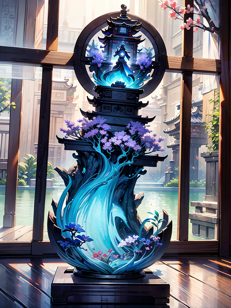 Magnificent View、Floating Island、Hanging Garden、Outdoor、High definition、Holy Maiden、Shrine maiden、With many flowers blooming、Silver Hair（The top of the head is indigo blue、The ends of the hair are red.）、whole body、Jade Eyes、Dance dedicated to the gods、Votive dance