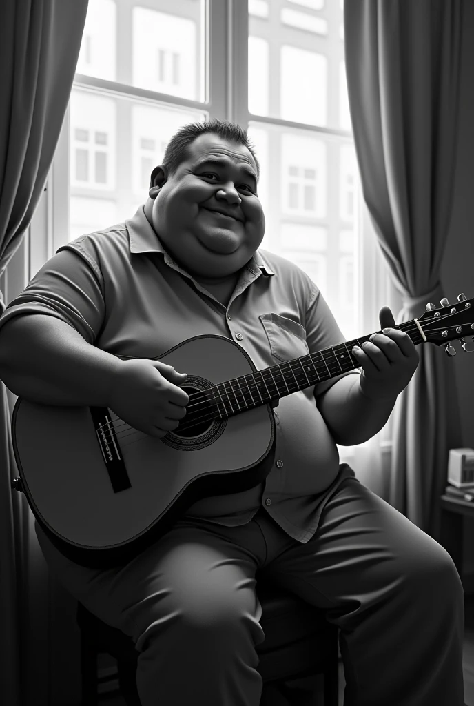 black and white picture of a little chubby man with round face sitting beside window playing acoustic guitar
