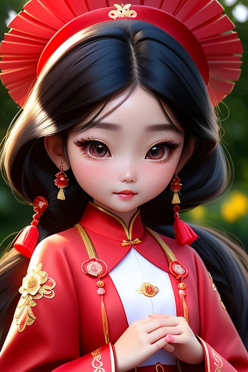 Best quality, 4k, high-end, ultra fine: 1.2), realistic, Chinese girl Little Maya,, exquisite face, beautiful detailed eyes, beautiful detailed lips, long eyelashes, red traditional clothing, black ponytail, tassel hair accessories, peony hair accessories