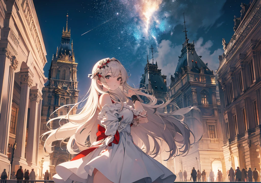 Realistic photos, Focus distance 10mm, Red and white, Beautiful girl, Realistic photos, Shooting at focus distance 10mm, masterpiece, 最high quality, high quality, Very detailed CG 8k wallpaper unit, Award-winning photography, Depth of written boundary, High resolution, bloom, chromatic aberration, Realistic, Very detailed, Art Station Trends, CGsociety Trends, Complex, High detail, dramatic, Art on the go, volumetric lighting, In front of the glass pyramid of the Louvre, a beautiful girl is wearing a simple yet stylish dress with the historic museum in the background. The glass of the pyramid reflects it in a Disney-style way, creating a beautiful scene in the night sky