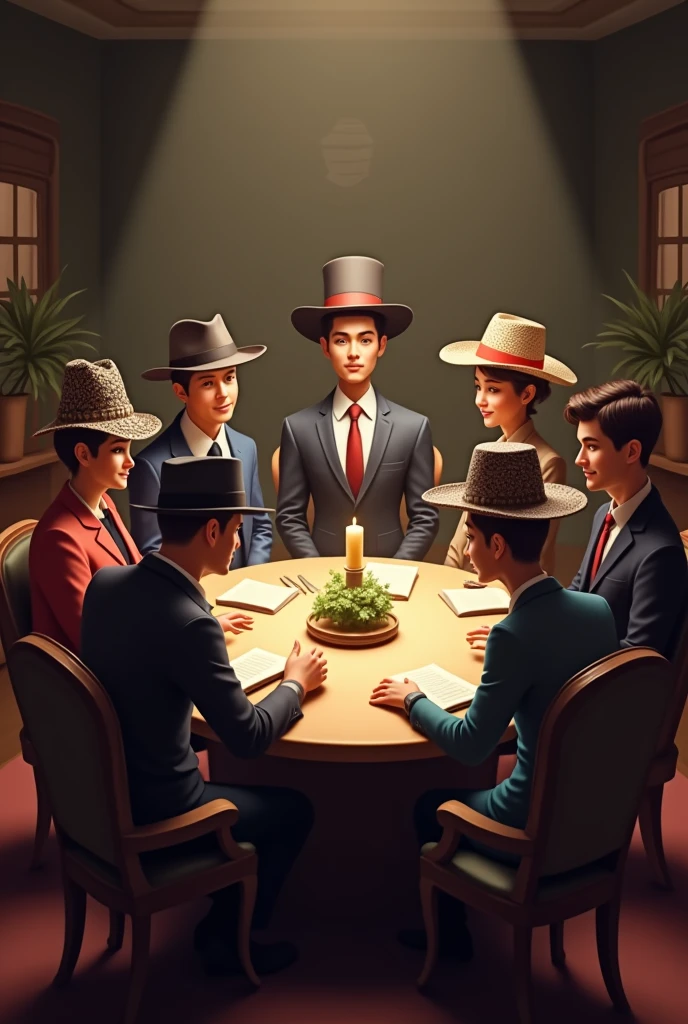 Six people，Each wearing a hat，Sitting around a round table，There is a host in the middle。