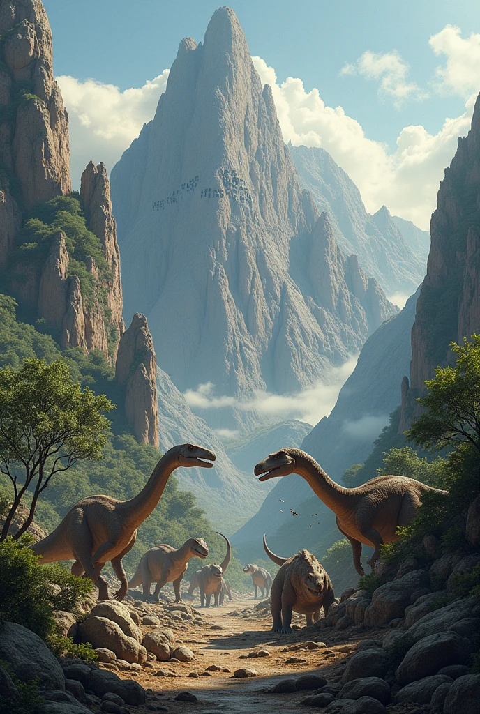 make a large background of varied dinosaurs and with the following writing carved into the mountain: Prelude Realismo Eventos