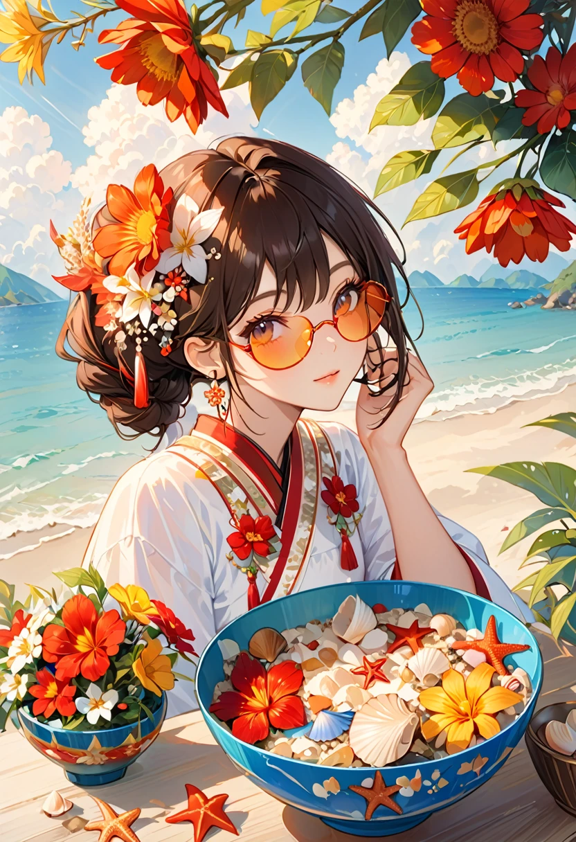 nonsense, height, have a lot of details, 1 person, alone, ดวงตาที่have a lot of details, Starfish, seashell, shell, flower, have, hair Decorations, Decorations, straw have, View the viewer, sunglasses, have flower, straw, Barrette, earrings, red flower, Tinted Glasses, yellow flower, Smooth, English text, Colorful Hair, orange flower, Black Hair, ring, bowl, Long Hair, orange-Tinted Glasses, food, Brown Hair, Portraiture, shell hair Decorations
