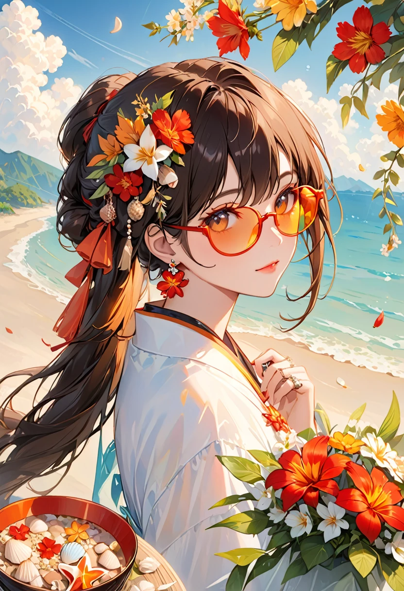 nonsense, height, have a lot of details, 1 person, alone, ดวงตาที่have a lot of details, Starfish, seashell, shell, flower, have, hair Decorations, Decorations, straw have, View the viewer, sunglasses, have flower, straw, Barrette, earrings, red flower, Tinted Glasses, yellow flower, Smooth, English text, Colorful Hair, orange flower, Black Hair, ring, bowl, Long Hair, orange-Tinted Glasses, food, Brown Hair, Portraiture, shell hair Decorations