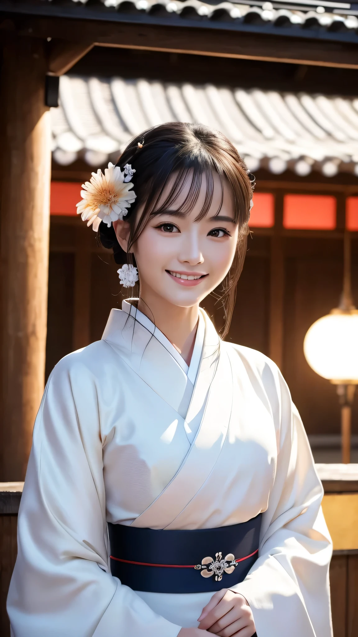 (Super beautiful woman in kimono)、((highest quality、8K masterpiece:1.3))、sharp focus:1.2、(super beautiful face:1.0)、(shiny skin:1.0)、realistic pictures、black hair、video lighting、High resolution eyes and face、video lighting、japanese actress、from the front、with a happy smile、whole body、wearing a kimono、in Kyoto、(luxury obi)、with a fan、Fireworks Display