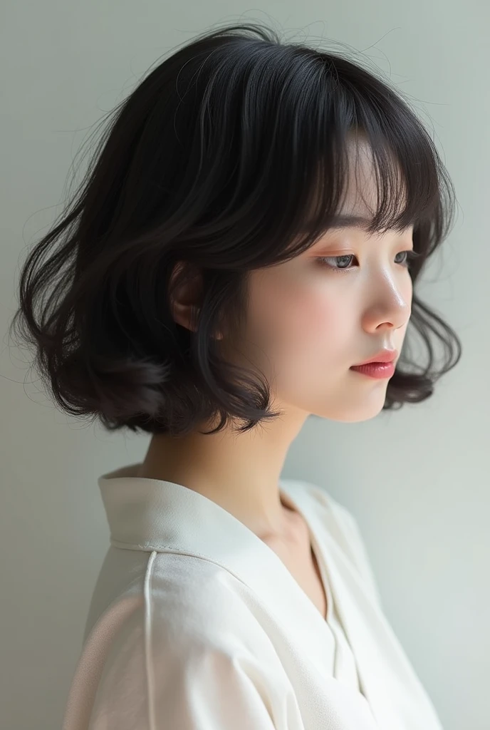 Medium hairstyle seen from the side back、Fluffy back of head、Hair bouncing on shoulders、Outside flip、Tightening around the neck、Airy feeling、Japanese、Strong waist、Hairy、Soft texture、Reduce hair volume、