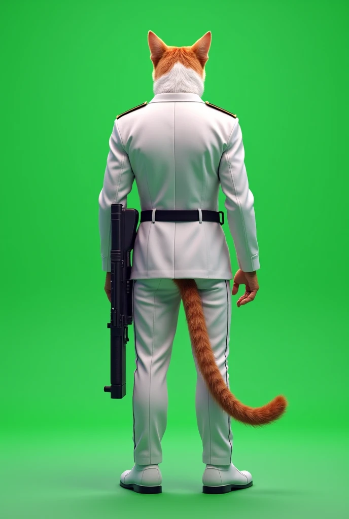 Full rear viewed, male, A white uniforms soldier cat standing with a gun in his hand. Plain full green screen background