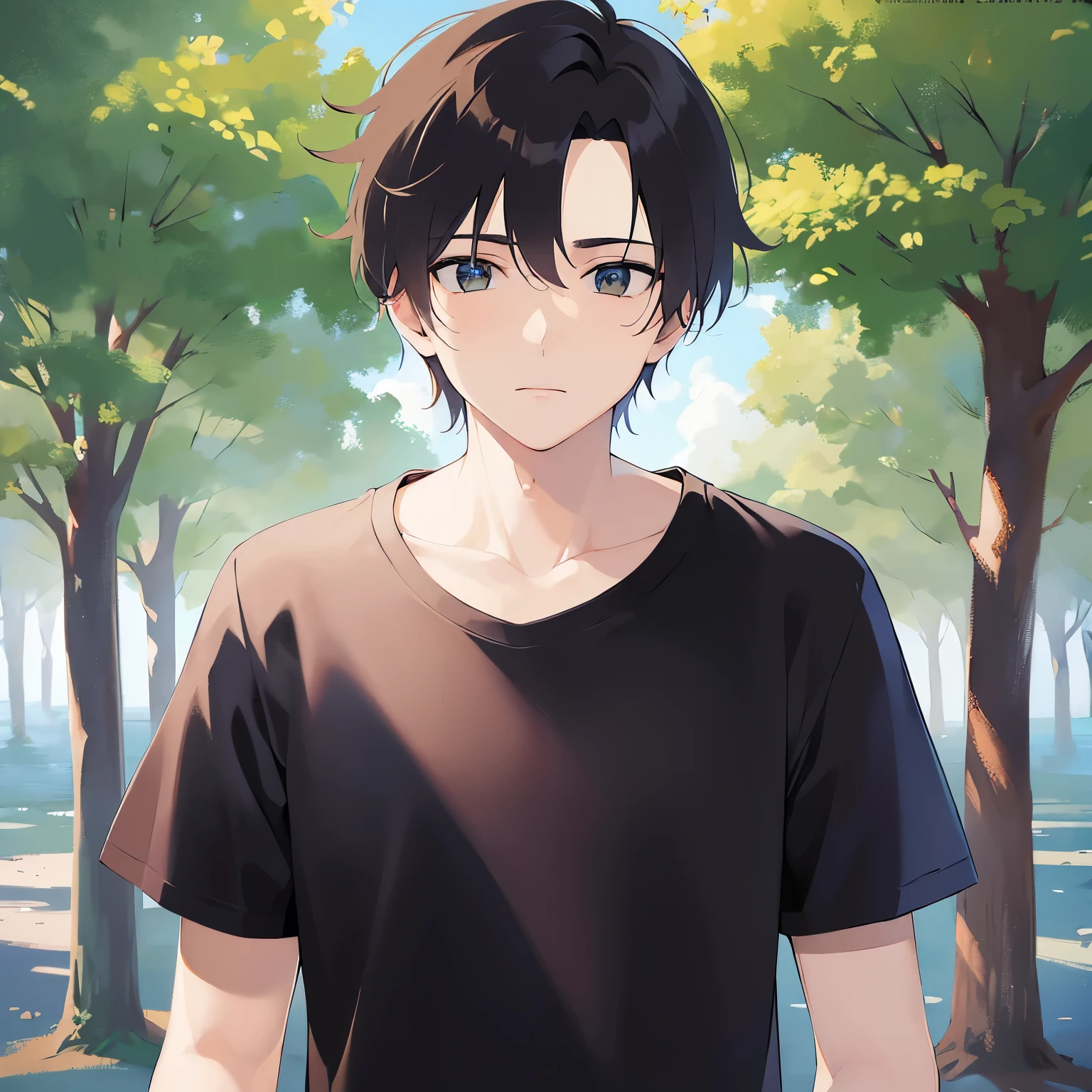 BREAK(25-year-old male:1.5) and (Brown short hair) and (Green Eyes)BREAK, (looking down:1.5),upper body、Shooting from the front、 shiny skin, masterpiece、Highest quality、 (black shirt:1.5), confused,park、(alone:1.5)