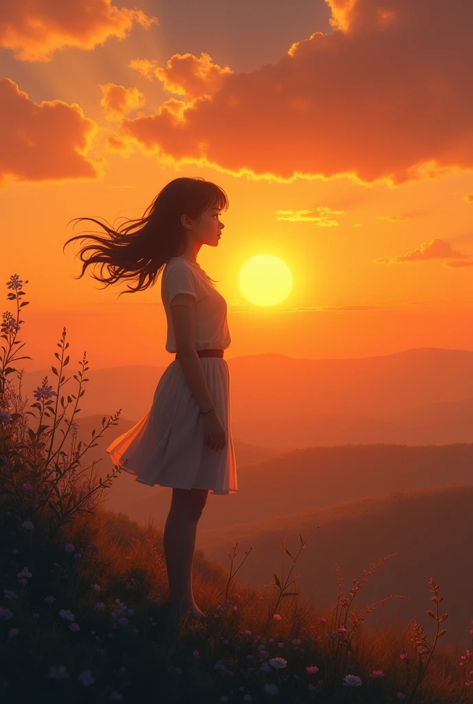 "Under a soft, golden sunset, a woman stands on a picturesque hilltop, her silhouette framed against the vibrant sky. The warm hues of the evening cast a gentle glow on her face, highlighting her thoughtful expression. Her hair flows lightly in the breeze, and she gazes out into the distance as if lost in memories. The scene captures a sense of serene nostalgia and timeless beauty, evoking the feeling of a moment that lingers in the heart long after it has passed."