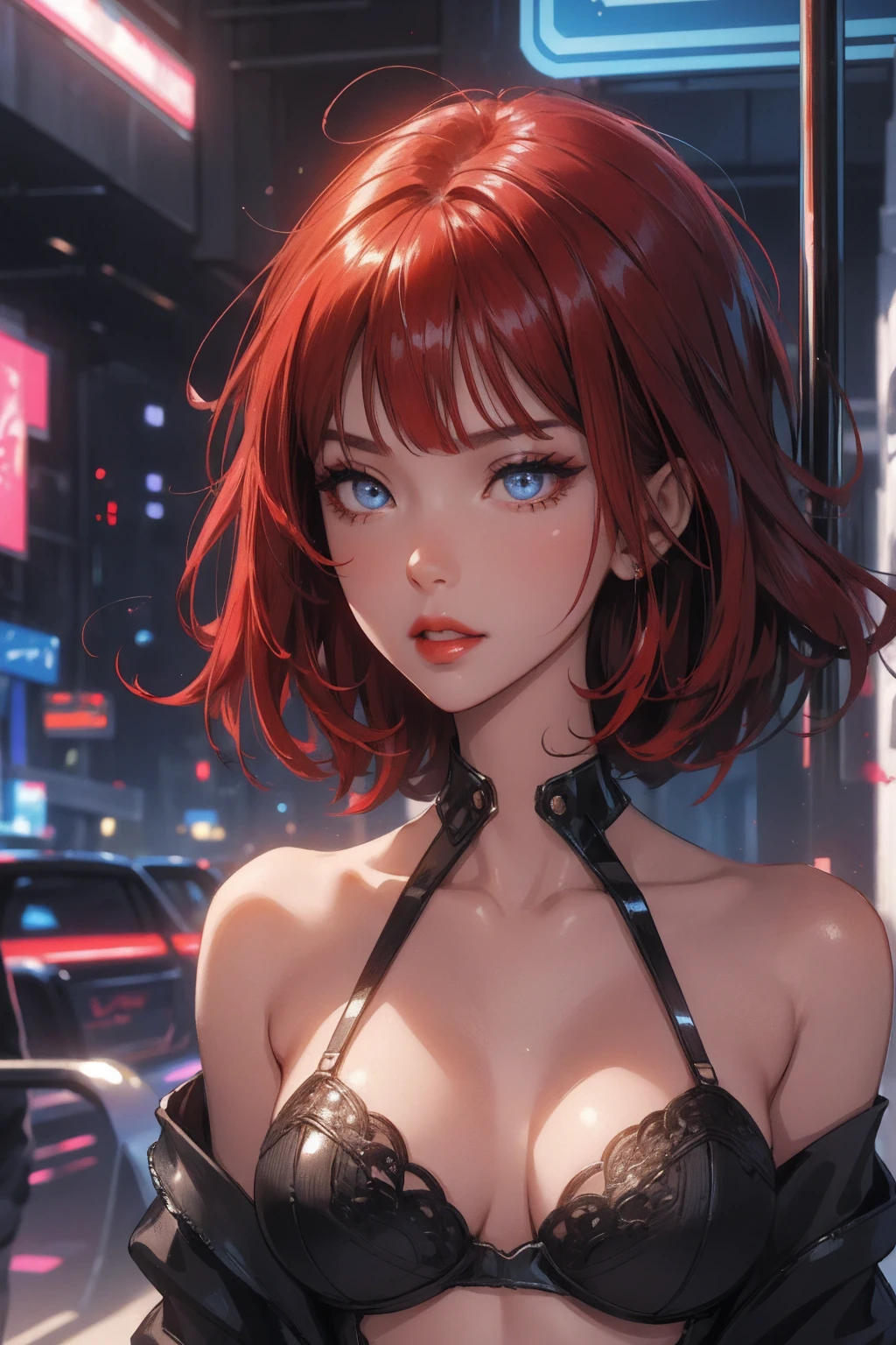 1girl,a beautiful fashion model ,(masterpiece, detailed background, best quality),short and shiny hair, red hair, hair with highlights, bangs, smirk,juicy lips,red lips, calmart, lingerie, stripping, elegant makeup, blue eyes, full body shot, (shiny skin), cyberpunk, sci fi, boa, extravagant jewelry, cocky expression, covered in jewelry, fancy, , bra, thong, stripping, cyberpunk club, stripper pole